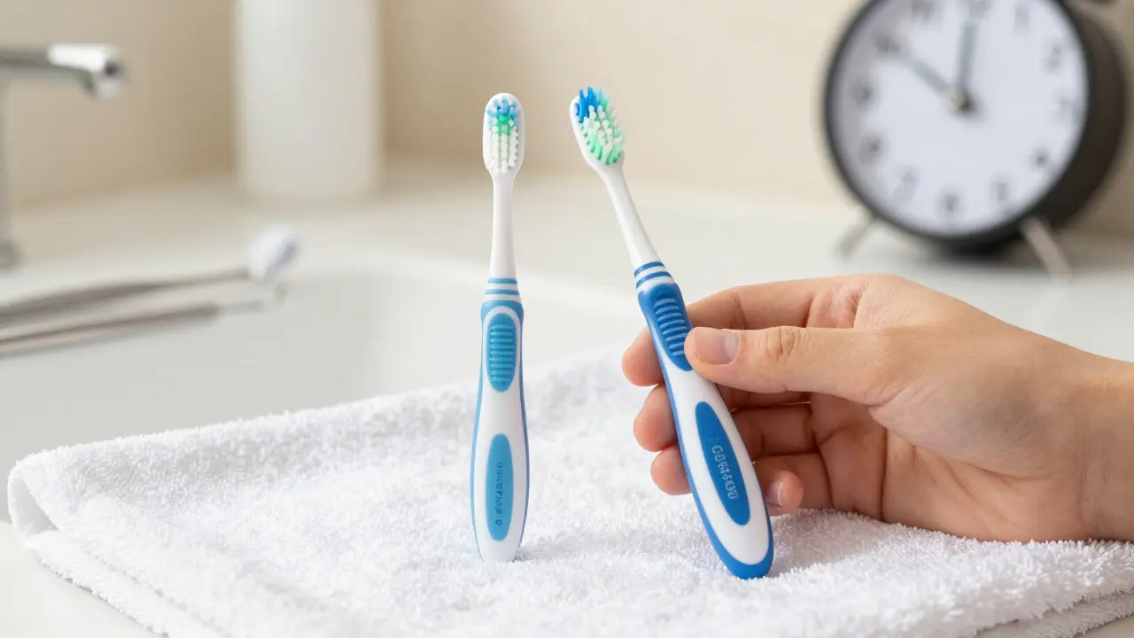 Dospělý a dětský kartáček Curaprox leží na ručníku, symbolizující péči o zuby po celý život.