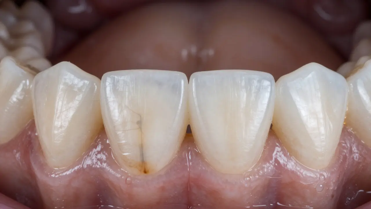 Dva přední zuby: jeden skvrněný tetracyklinem, druhý obalený keramickou vložkou.