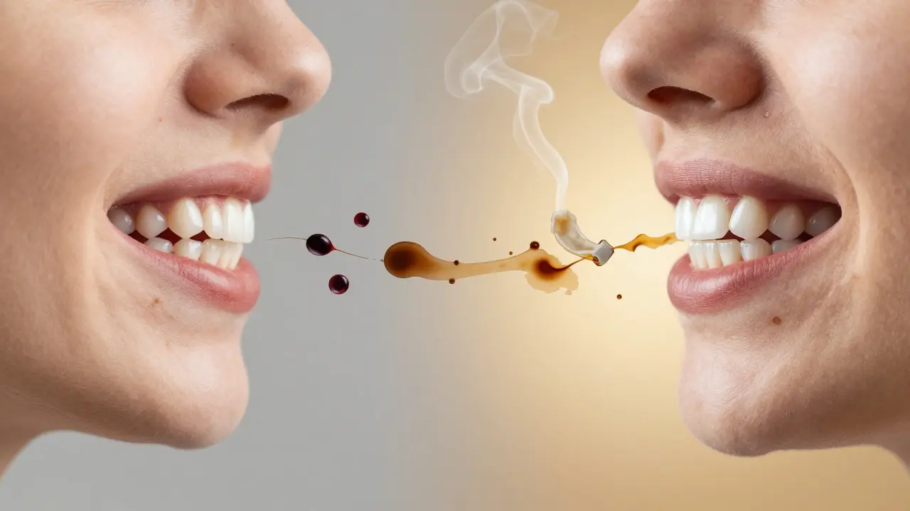 Dvě cesty bělení zubů: domácí metoda vlevo a profesionální vpravo, symbolizující volbu a výsledek.