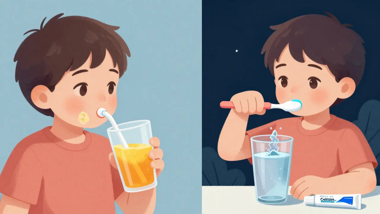 Dvě scény: jedna s dítětem pijuícím sladký nápoj, druhá s dítětem čistícím zuby a používajícím gel.