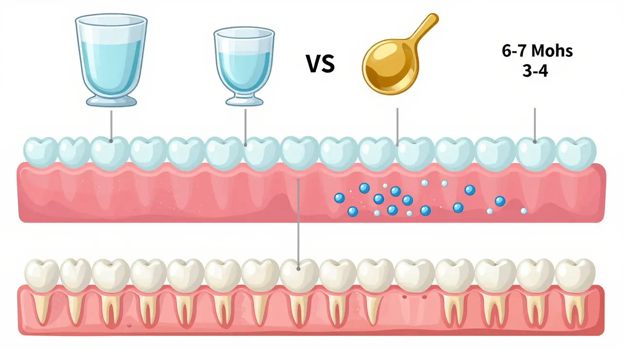 Ilustrace tří vlastností zubního skla: tvrdost, chemická stabilita a molekulární vazba na zub.