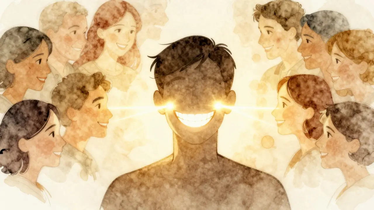 Kontur člověka s vyzařujícím úsměvem, který spojuje s jinými lidmi zlatým mostem světla.