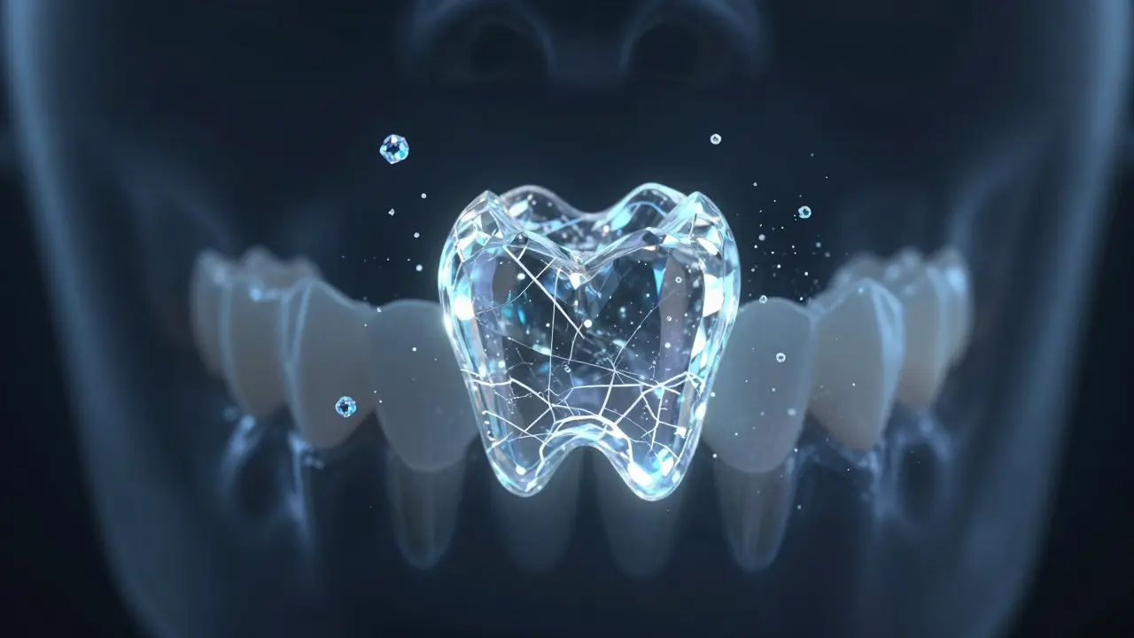Konzepční obraz zubní korunky s nanokrystaly, které se samy opravují mikrotrhliny, v průhledném prostředí.