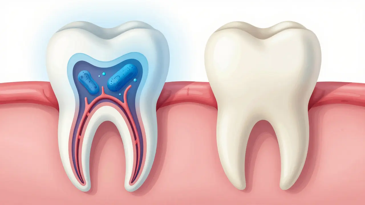 Křížový řez zubu ukazující infekci v dnti a její šíření do čelisti, porovnání se zdravým zubem.
