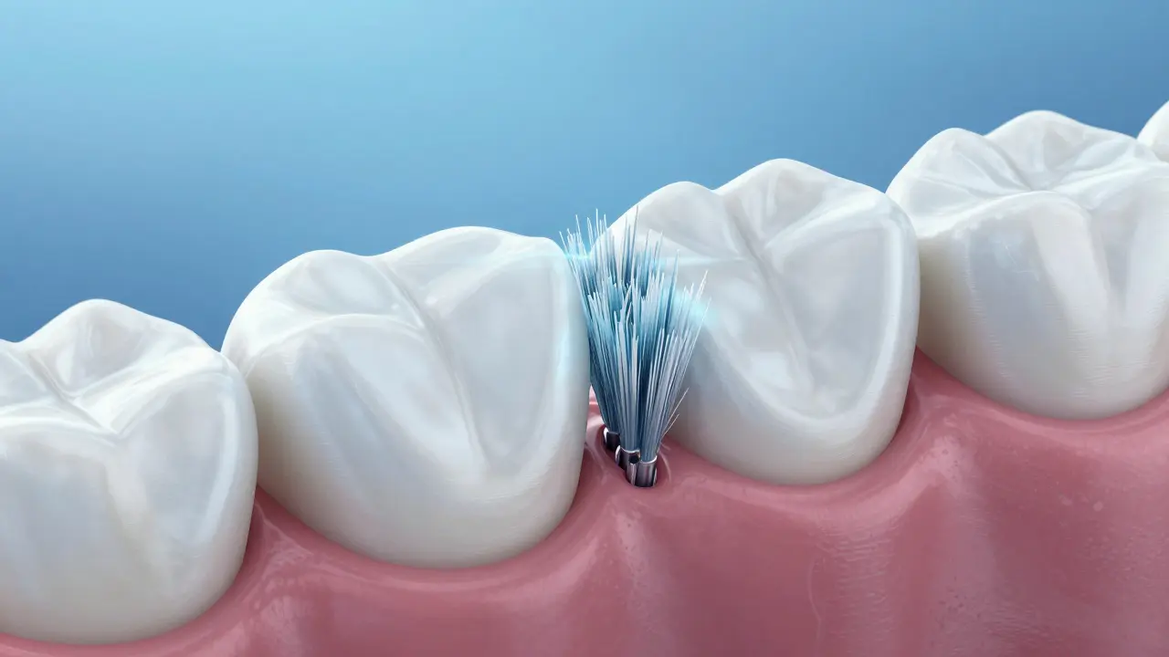 Mikroskopický pohled na jemné štětiny kartáčku Curaprox čistící mezizubní prostory.