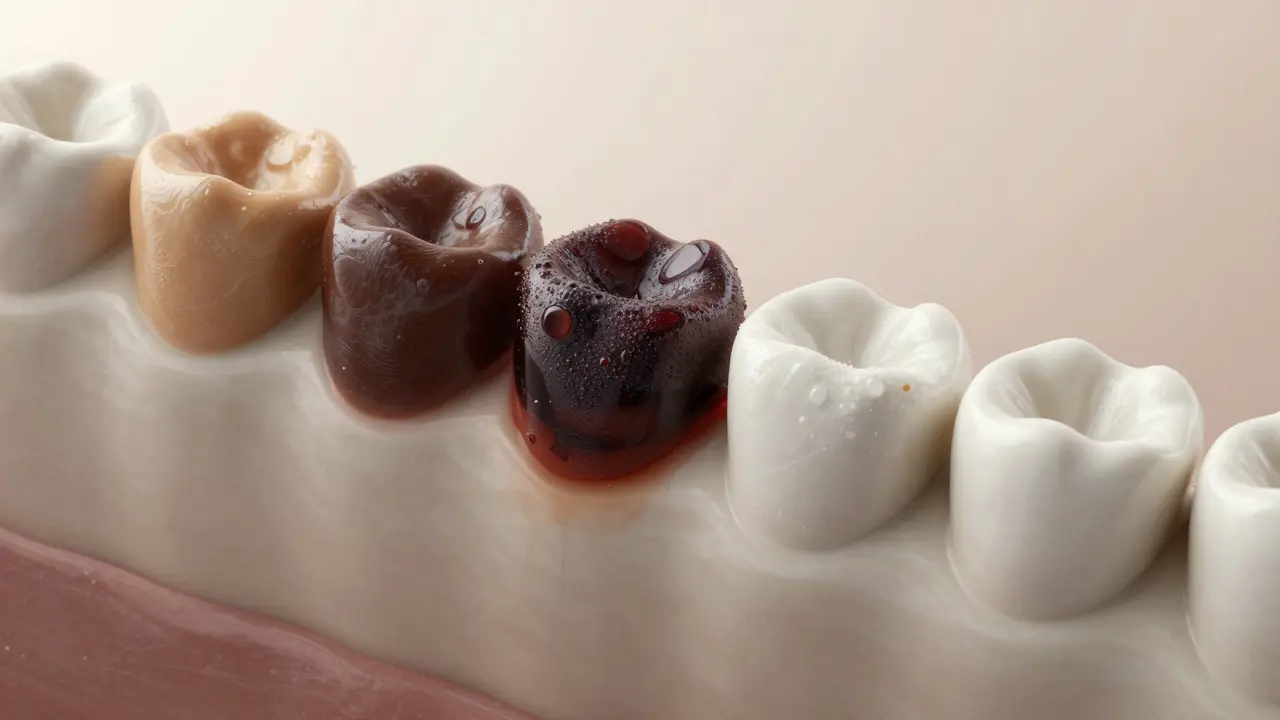 Mikroskopický pohled na nečistoty vnikající do porézní keramiky rovnátek.