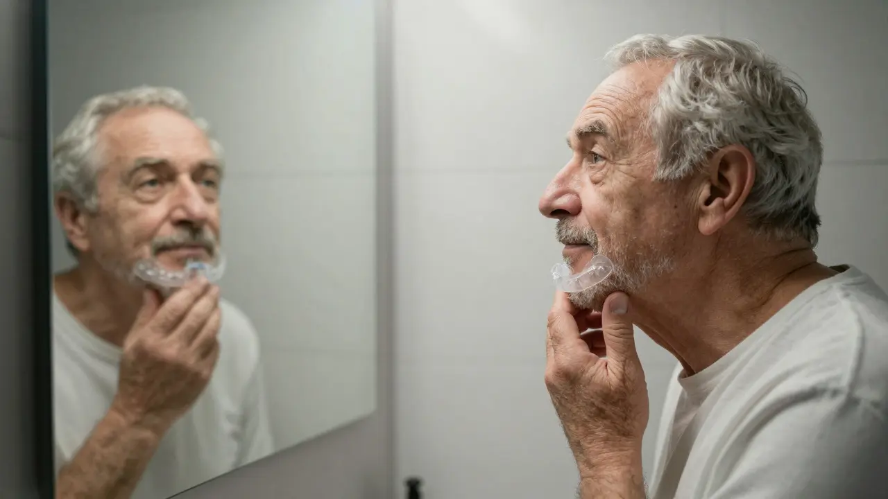 Muž kolem 60 let nosí retainer v nočním osvětlení a pozoruje svůj úsměv v zrcadle.