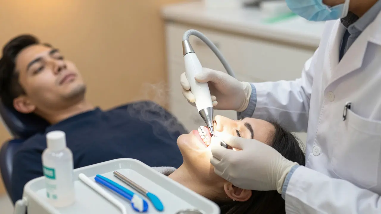 Ortodont čistí keramická rovnátka ultrazvukovým čističem v klinice.