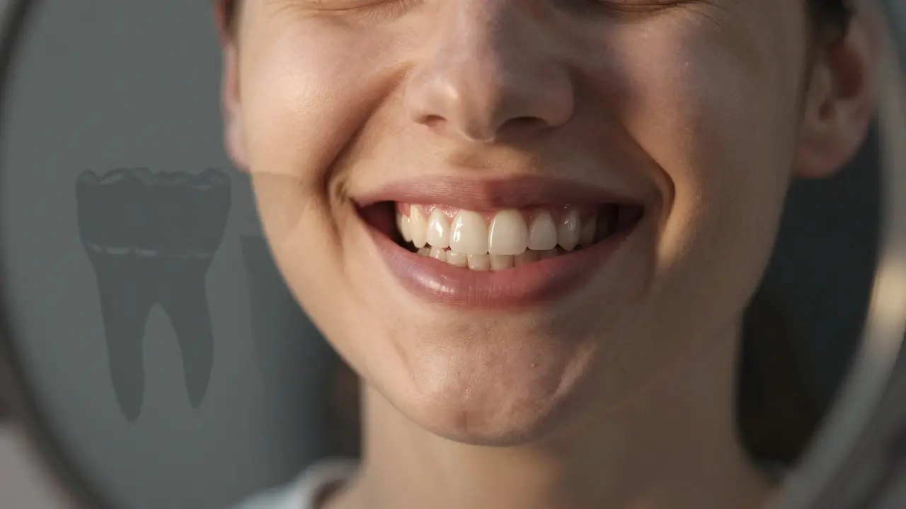 Osoba se směje do zrcadla s přirozeně vypadající rekonstruovanou zubní řadou.