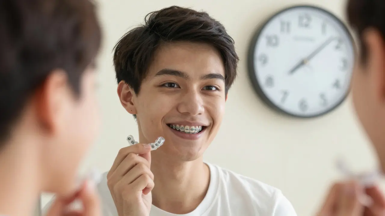 Pacient se dívá do zrcadla po odstranění rovnátek, drží retentivní zařízení a vidí čisté zuby.