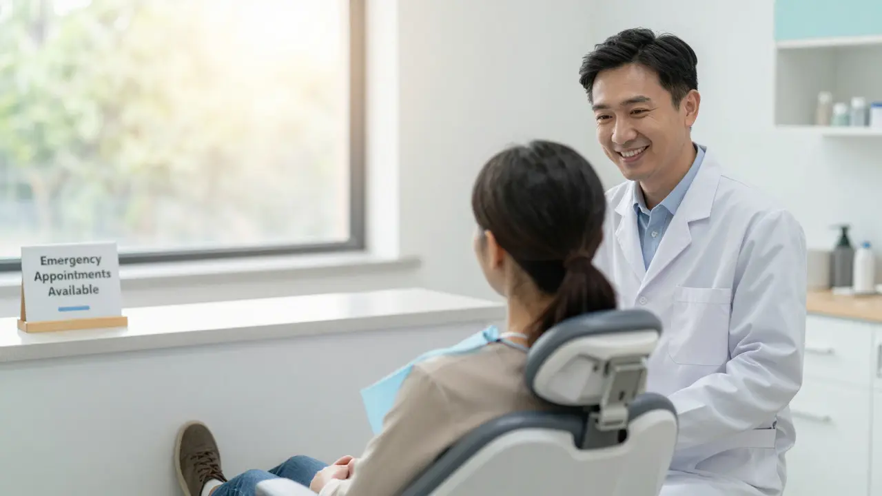 Pacient v zubní klinice přijímá péči, světlo z okna osvětluje klidnou atmosféru léčby.