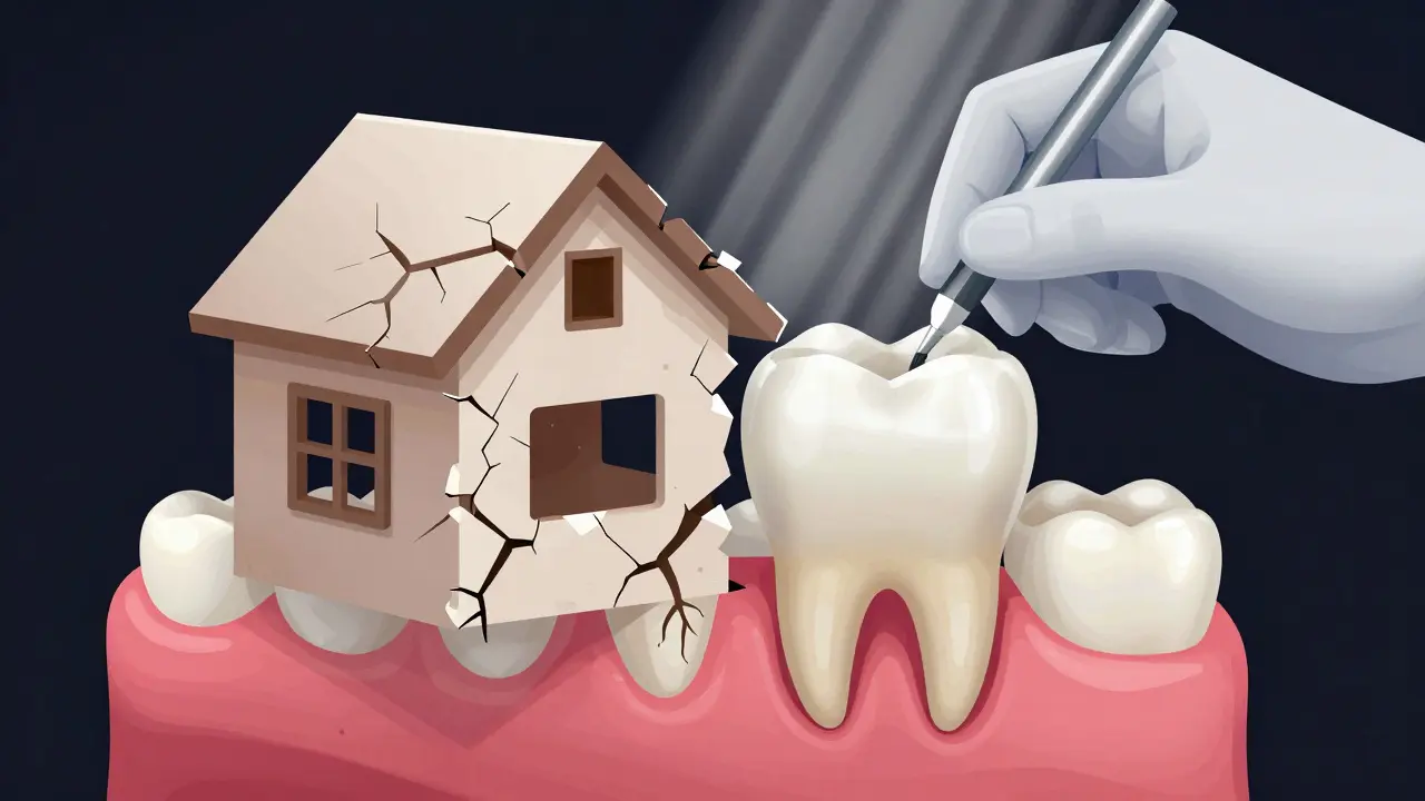 Porovnání poškozeného a obnoveného zubu jako opraveného domu s přirozeným materiálem.