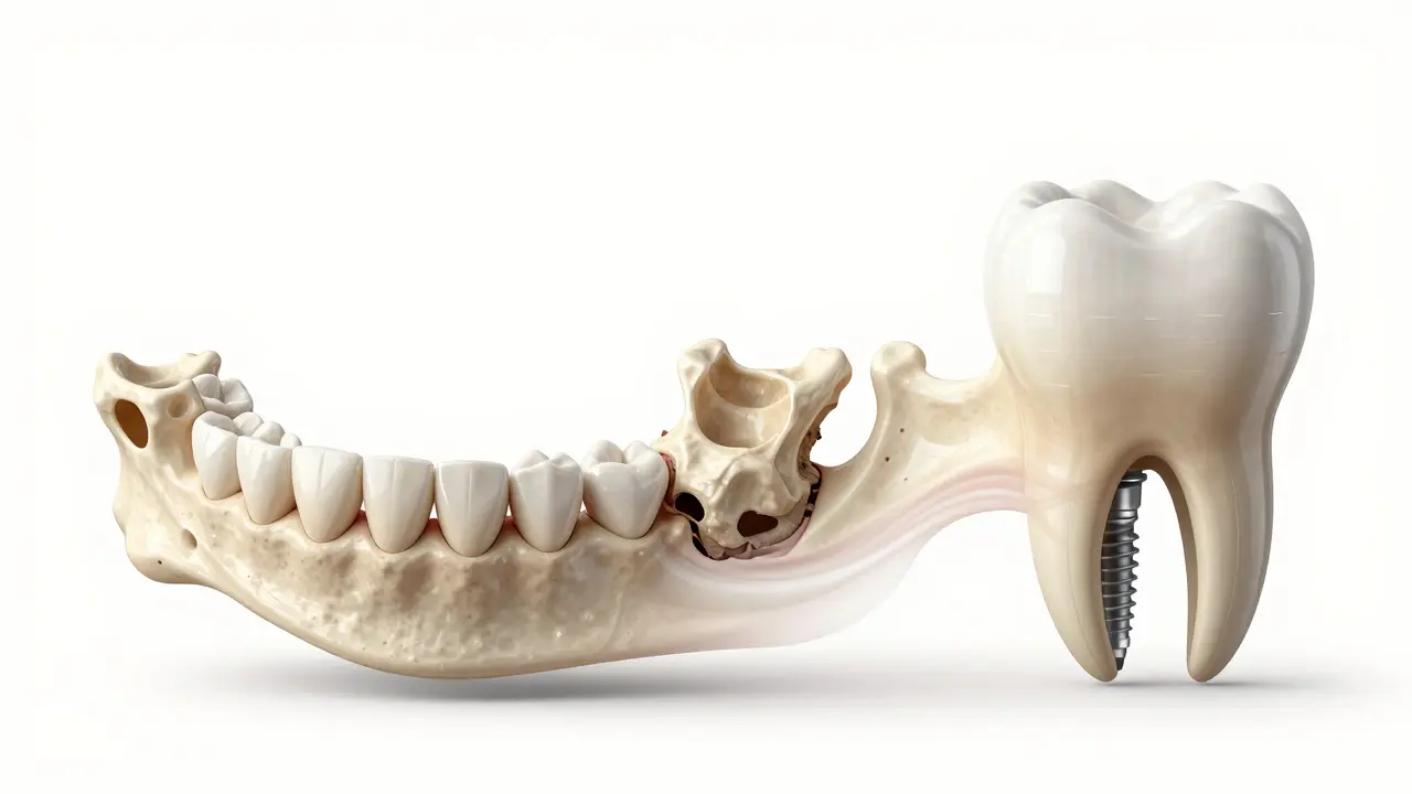 Přechod od vyčerpané kosti přes transplantát k plně obnovené čelisti s implantátem