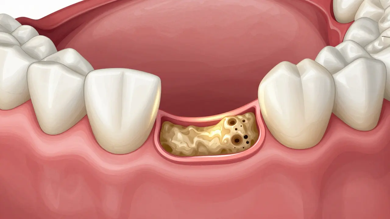 Příčný řez horní čelistí během sinus lift procedury s implantací kostního materiálu