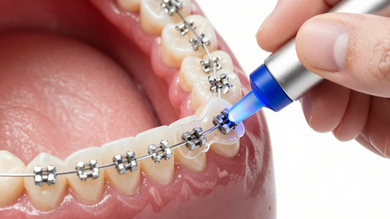 Přilepení zámků na zuby pomocí kompozitního lepidla a modrého světla s vložením kovového drátu.