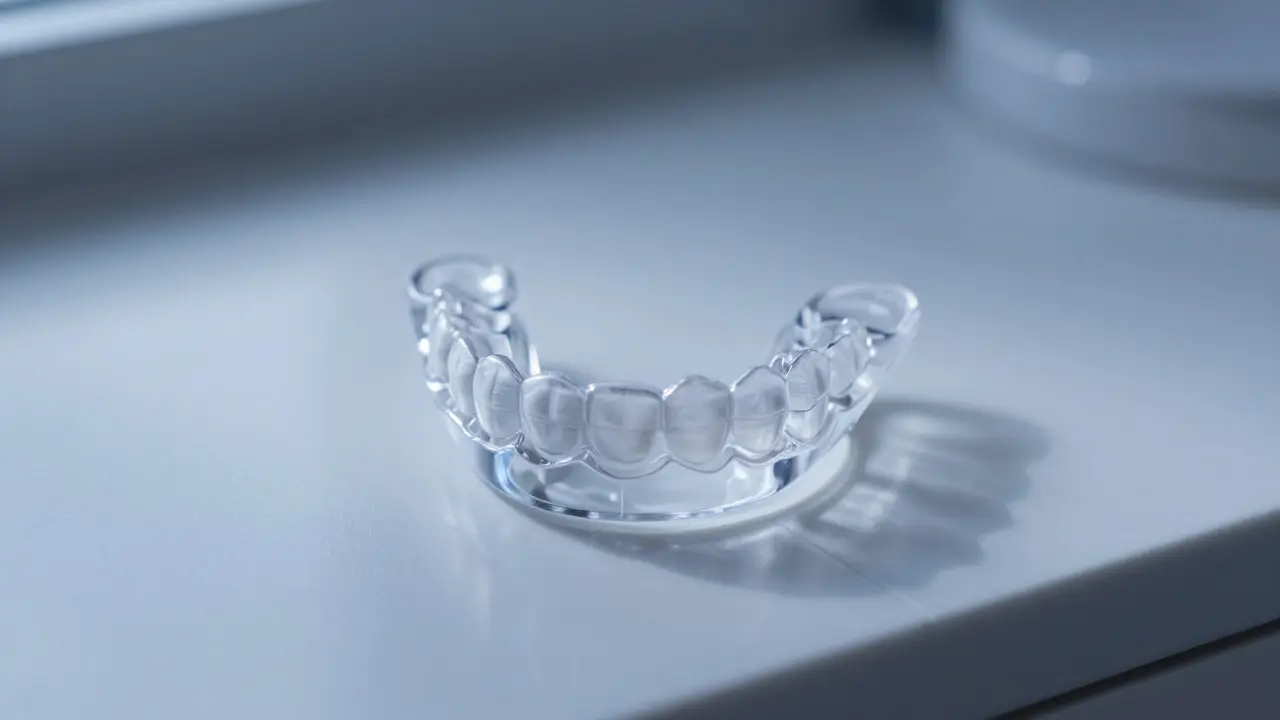 Průhledný ochranný chrupák na bílém stole