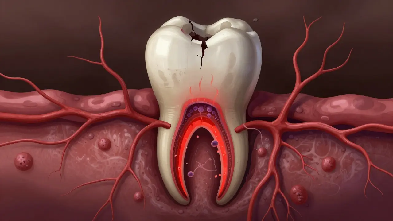 Průřez zubem s infikovanou pulpou a šířícími se bakteriemi do kosti a dásně.