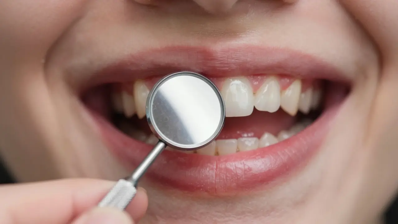 Ruka drží dentální zrcátko, které odrazuje zvětšující se mezeru mezi zuby a červené dásně.