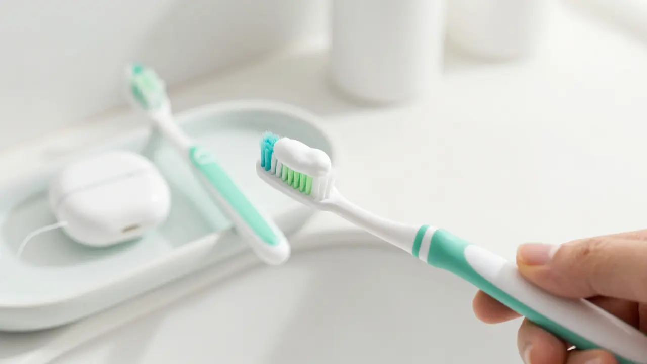 Ruka drží zubní kartáček v úhlu 45 stupňů pro správné čištění.
