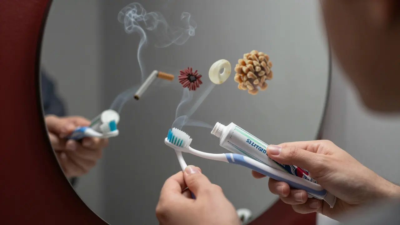 Ruky drží měkký kartáček a zubní pastu bez SLS, v zrcadle se ztrácí obrazy kouření a tvrdých kartáčků, symbolizující přechod ke zdraví.