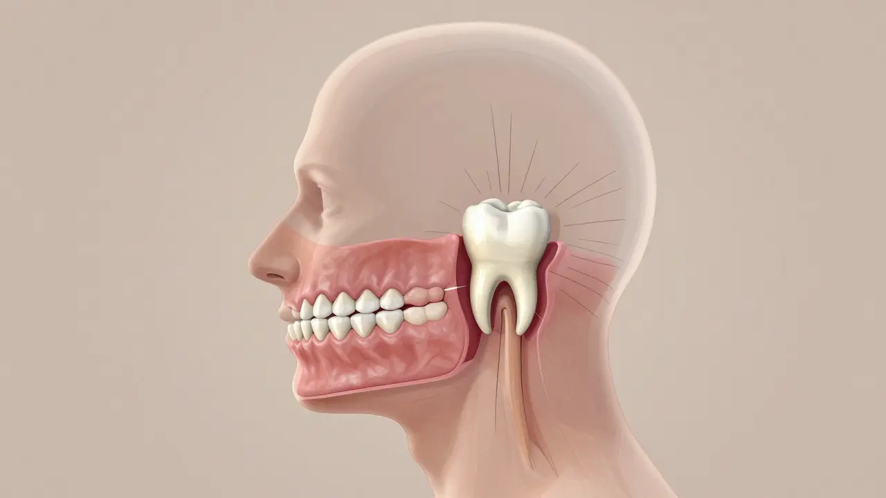 Transparentní hlava ukazující, jak ztráta moláru ovlivňuje čelist a krk.