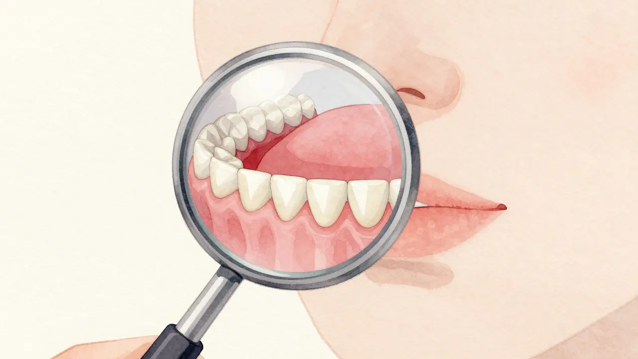 Umělecká ilustrace zrcátka zobrazující skryté zubní deformace a zánět dásní.