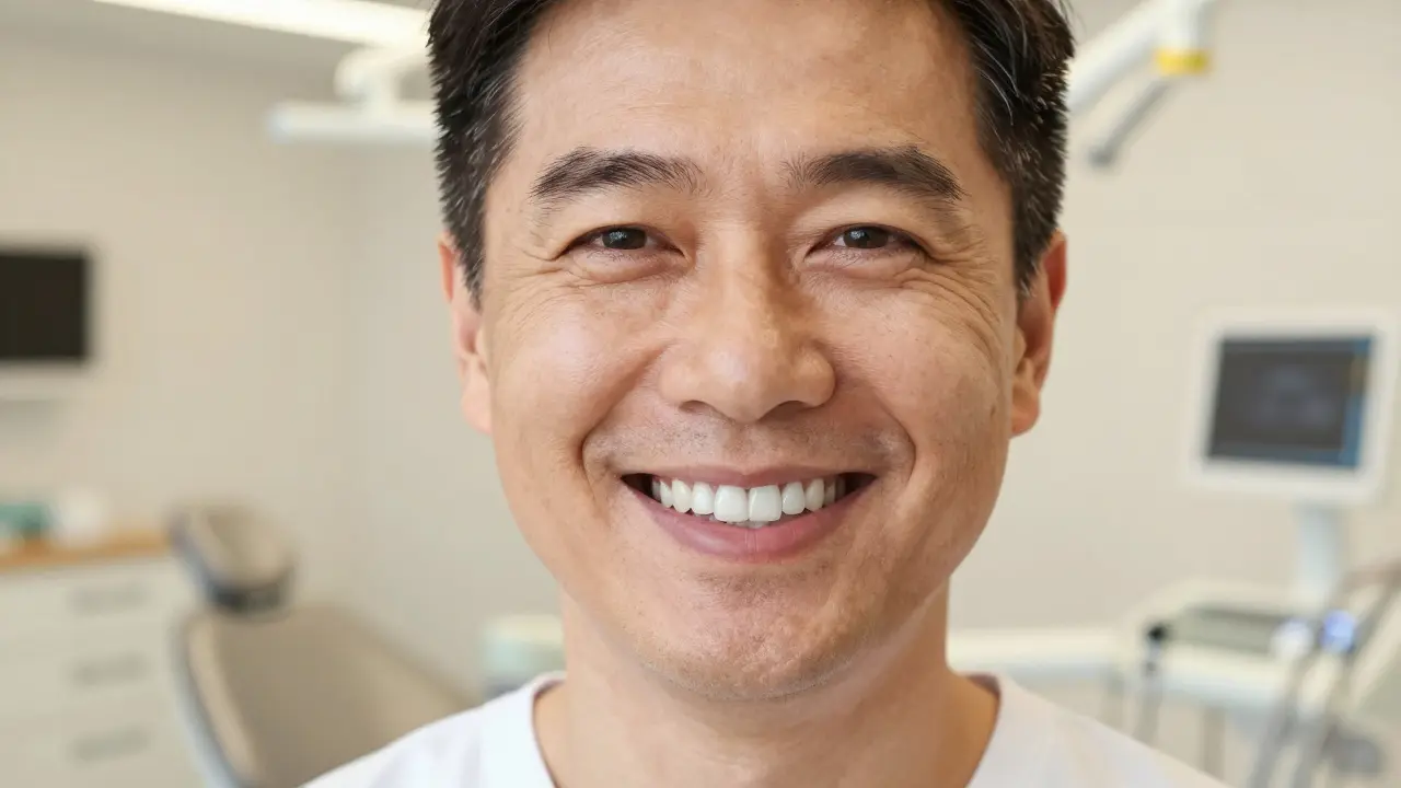 Usměvavý pacient s dokonalými zuby v ordinaci