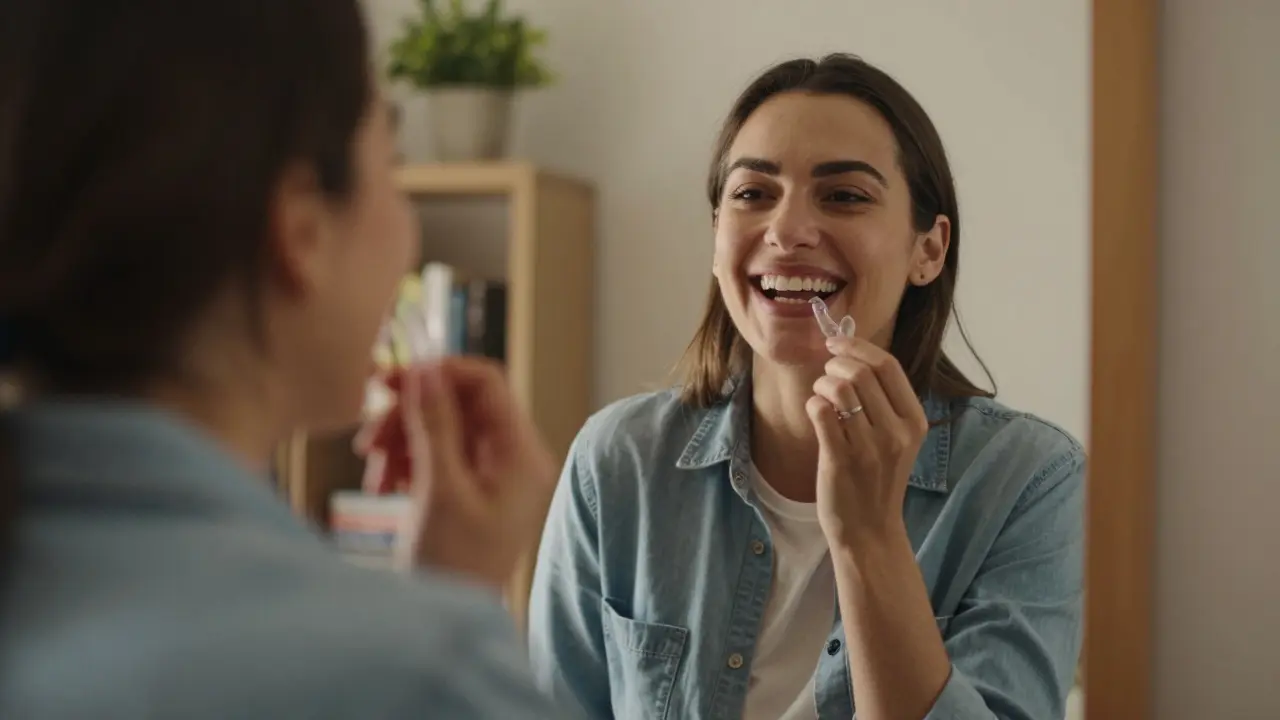 Žena si dělá selfie v zrcadle s jasným úsměvem a téměř neviditelnými rovnátky.