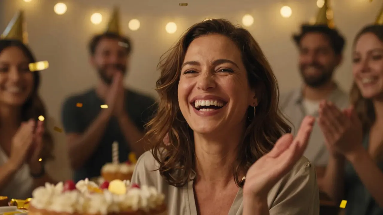 Žena směje se na narozeninové oslavě s přirozeným, světlým úsměvem.