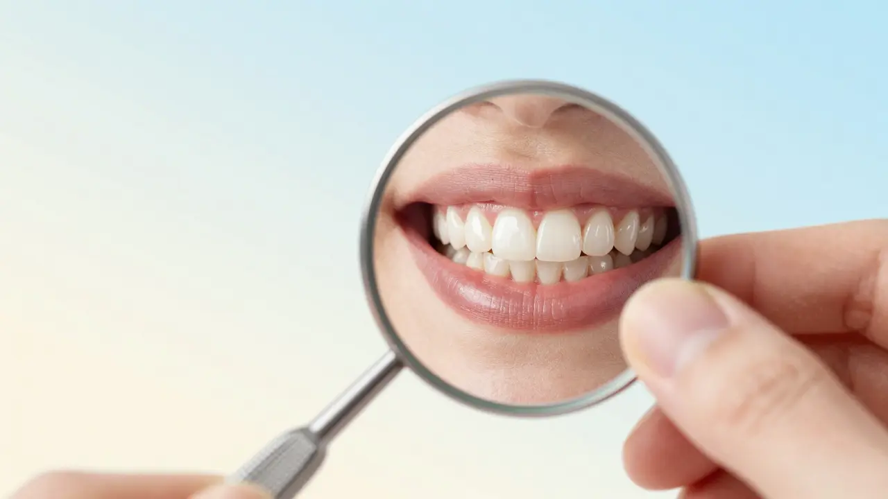 Zrcadlo odrazuje přirozeně vyvážený úsměv s harmonickým tvarem zubů a dásní.