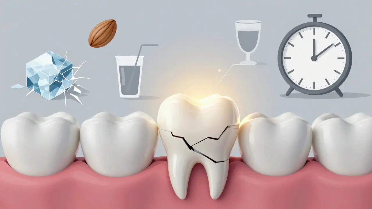 Zub chráněný korunkou, v pozadí symbolické obrazy rizikových činností jako kousání ledu a kyselých nápojů.
