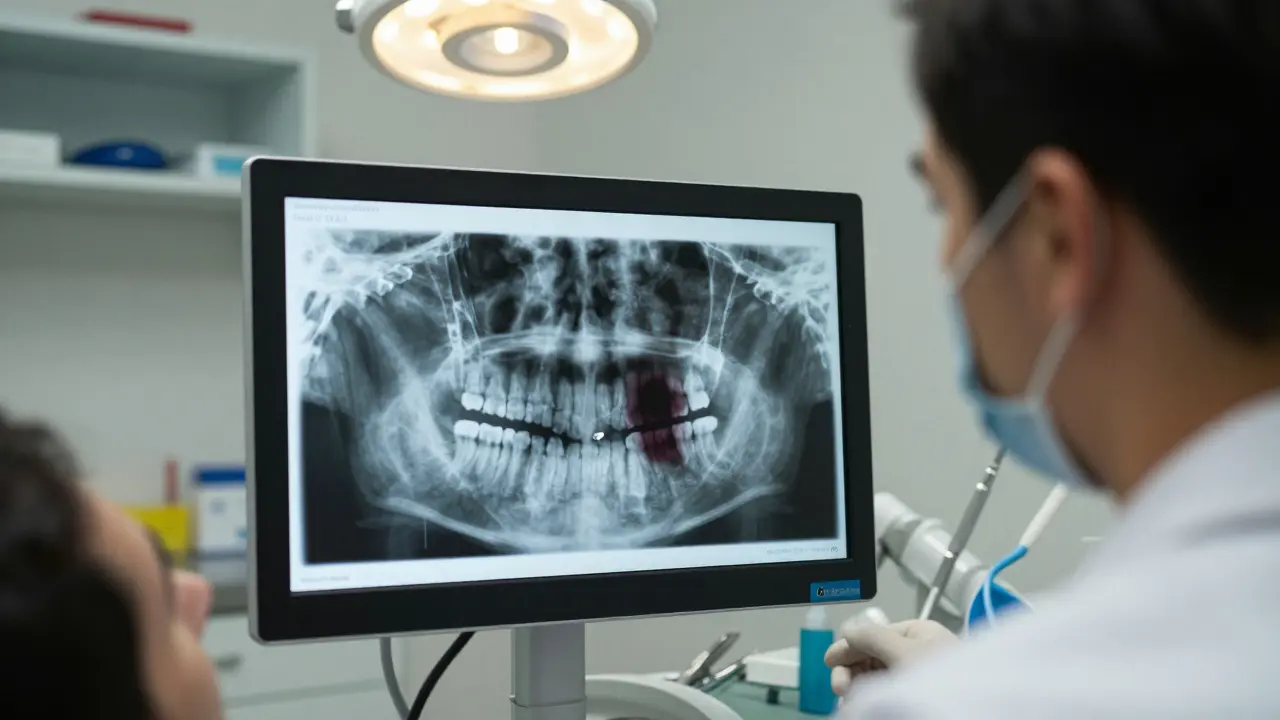 Zubař hledí na rentgenový snímek s infekcí šířící se zubem do čelisti.