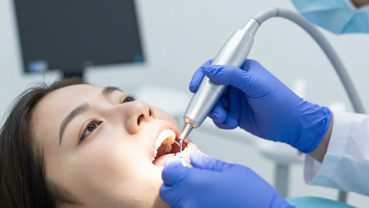 Zubař provádí profesionální čištění zubů ultrazvukovým přístrojem.