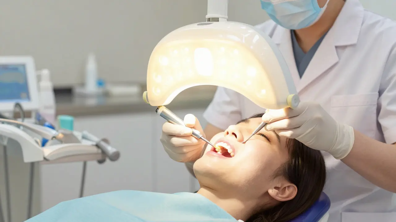 Zubní lékař aplikuje bělící gel na zuby pacienta v klinice pod světlou LED lampou.