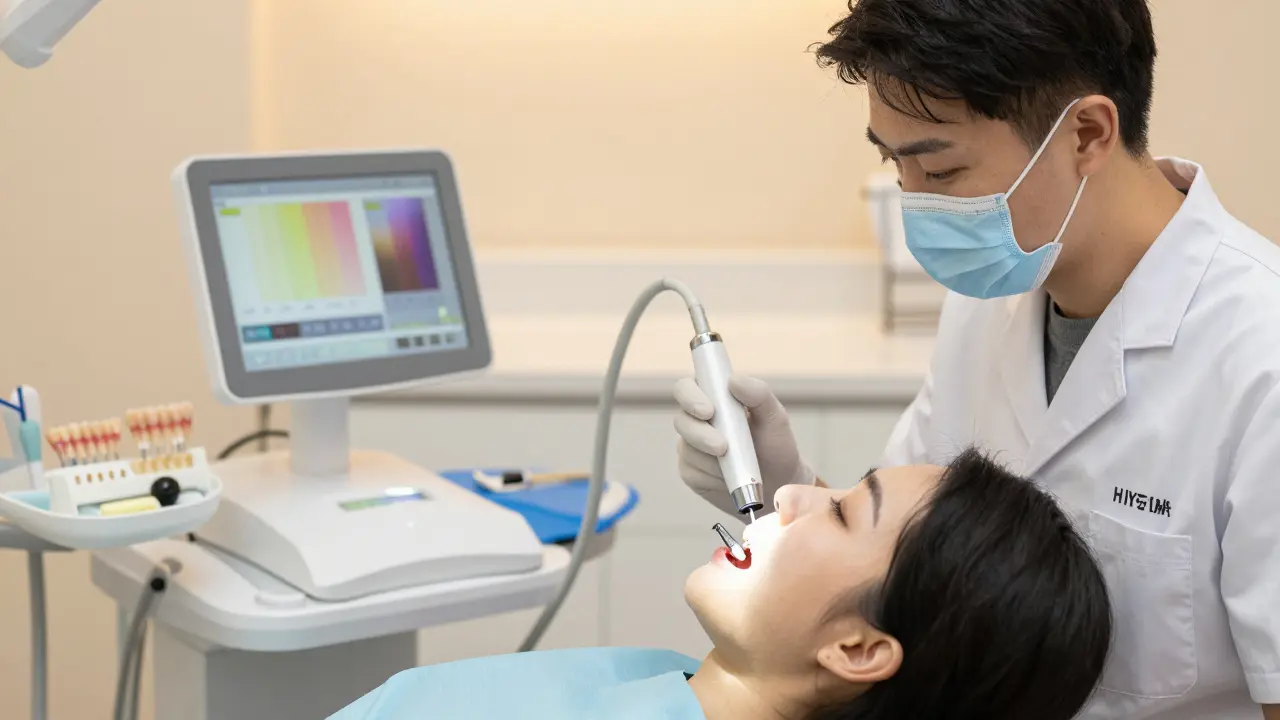 Zubní lékař měří barvu zubů pomocí spektrofotometru v klinice.