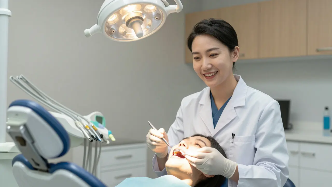 Zubní lékař provádí prohlídku u pacienta