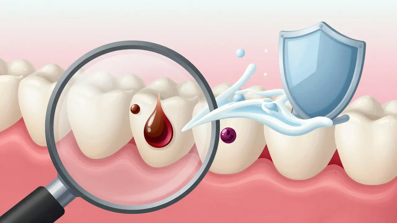 Zvětšený pohled na porézní sklovinku zubu s barvivy vnikajícími do pórů