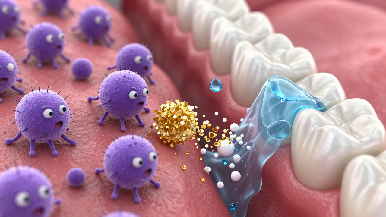 3D ilustrace bakterií Streptococcus mutans napadajících zubní sklovinu.
