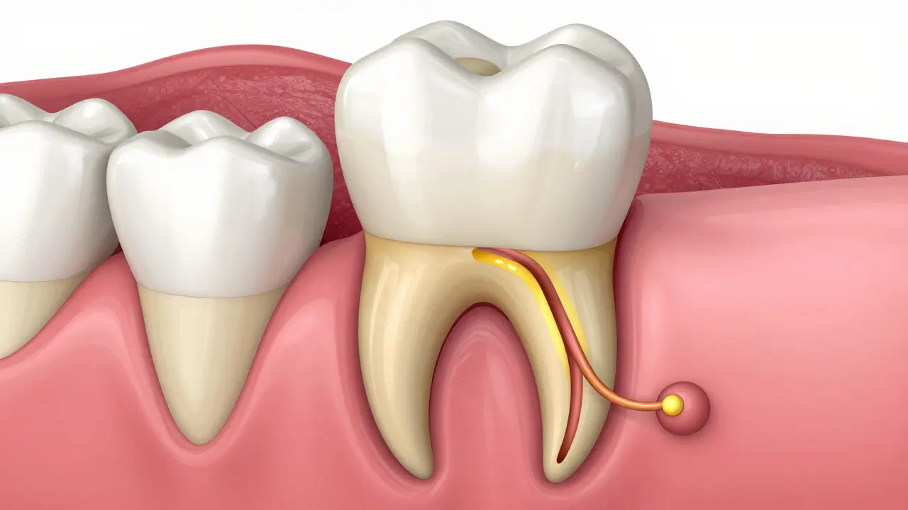 3D ilustrace průřezu čelisti ukazující cestu hnisu od kořene zubu k dásni.