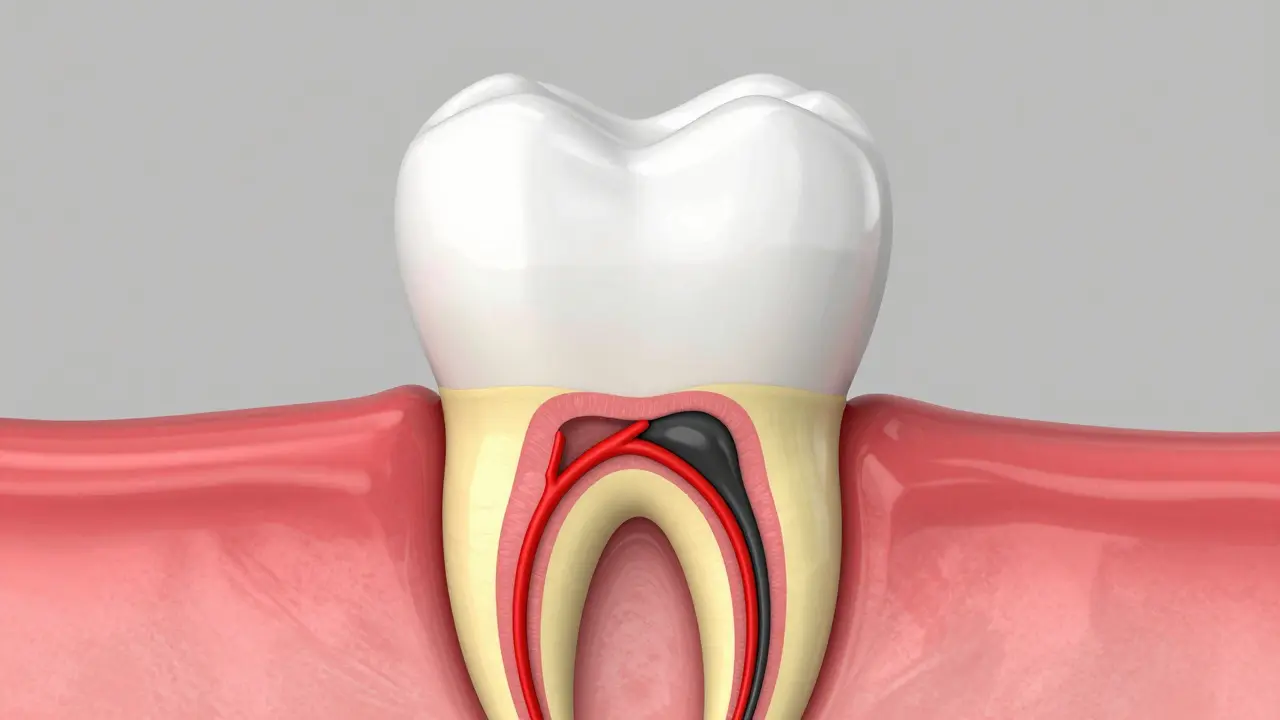 3D ilustrace průřezu zubu znázornující odumírání nervů a cév v pulpě.