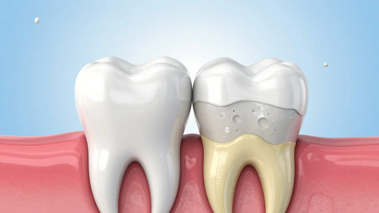 3D ilustrace zubu ukazující rozdíl mezi zdravou sklinou a erozí skliny.