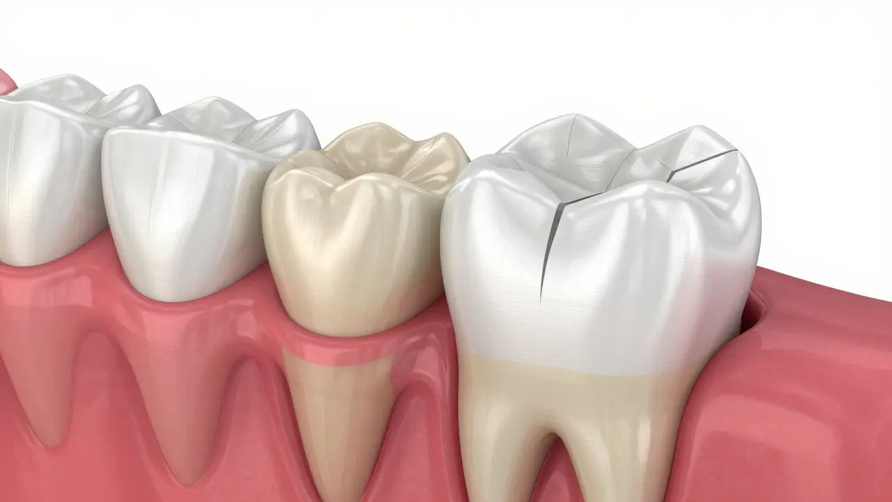 3D vizualizace zubní korunky a bondingu u prasklého zuba.