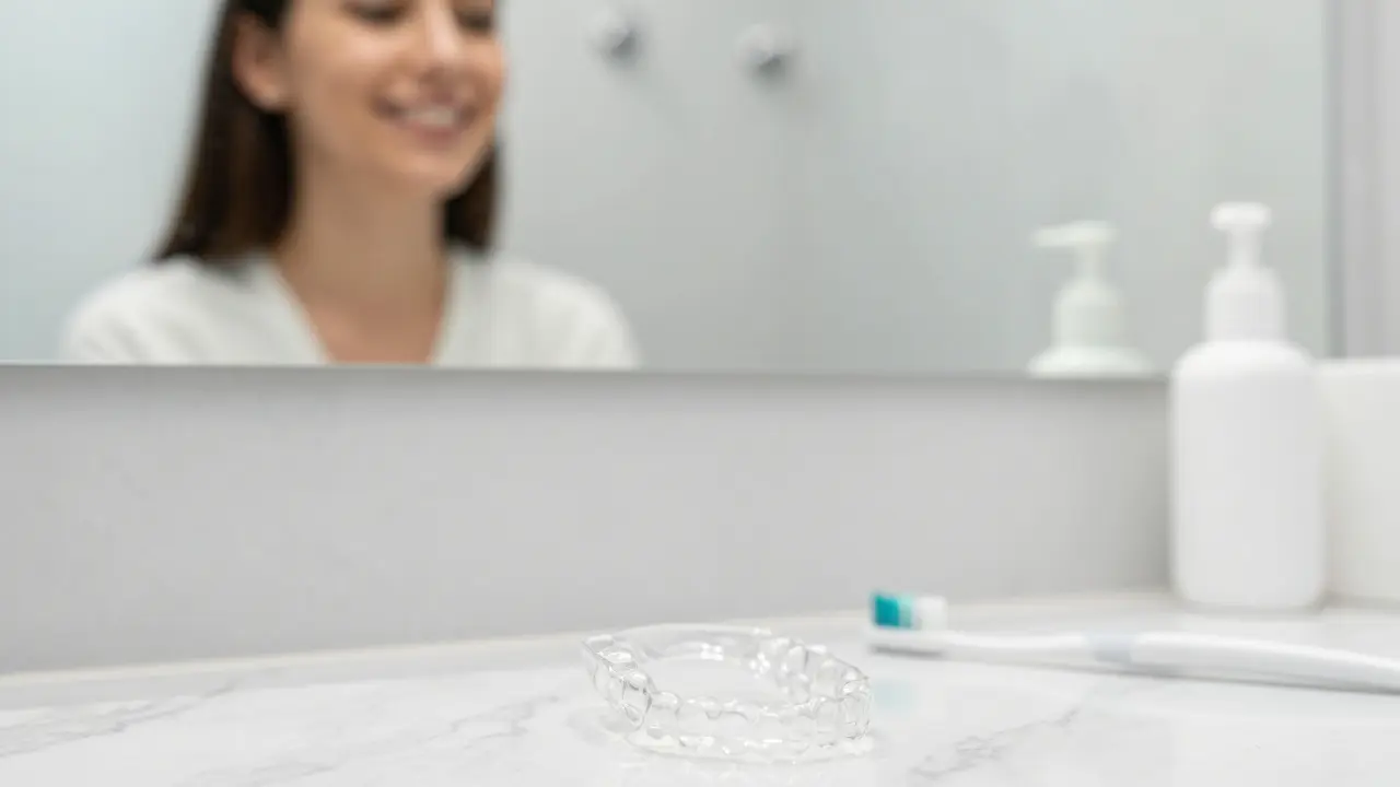 Člověk se usmívá do zrcadla s průhlednou fólií na zuby na mramorovém stole.