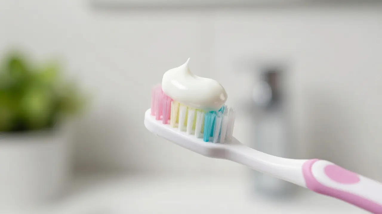 Detail měkkého kartáčku a pasty pro citlivé zuby v moderní koupelně.