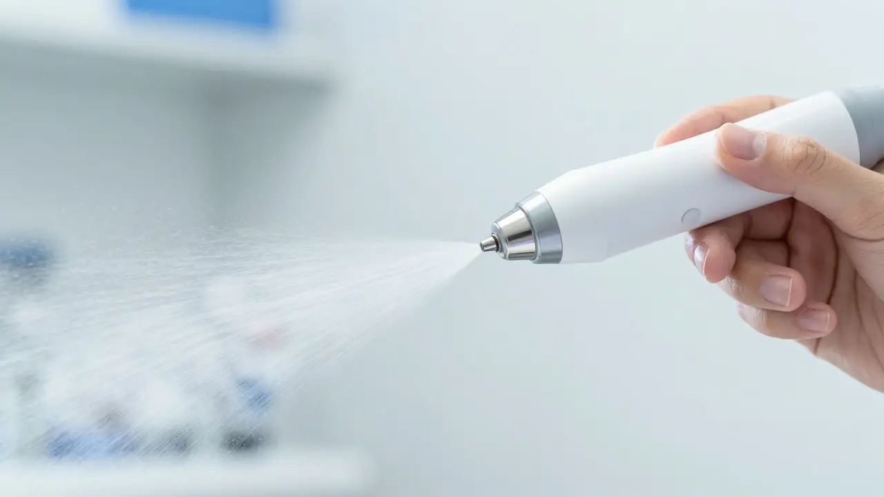 Detail nástroje AirFlow při profesionálním pískování zubů v ordinaci.