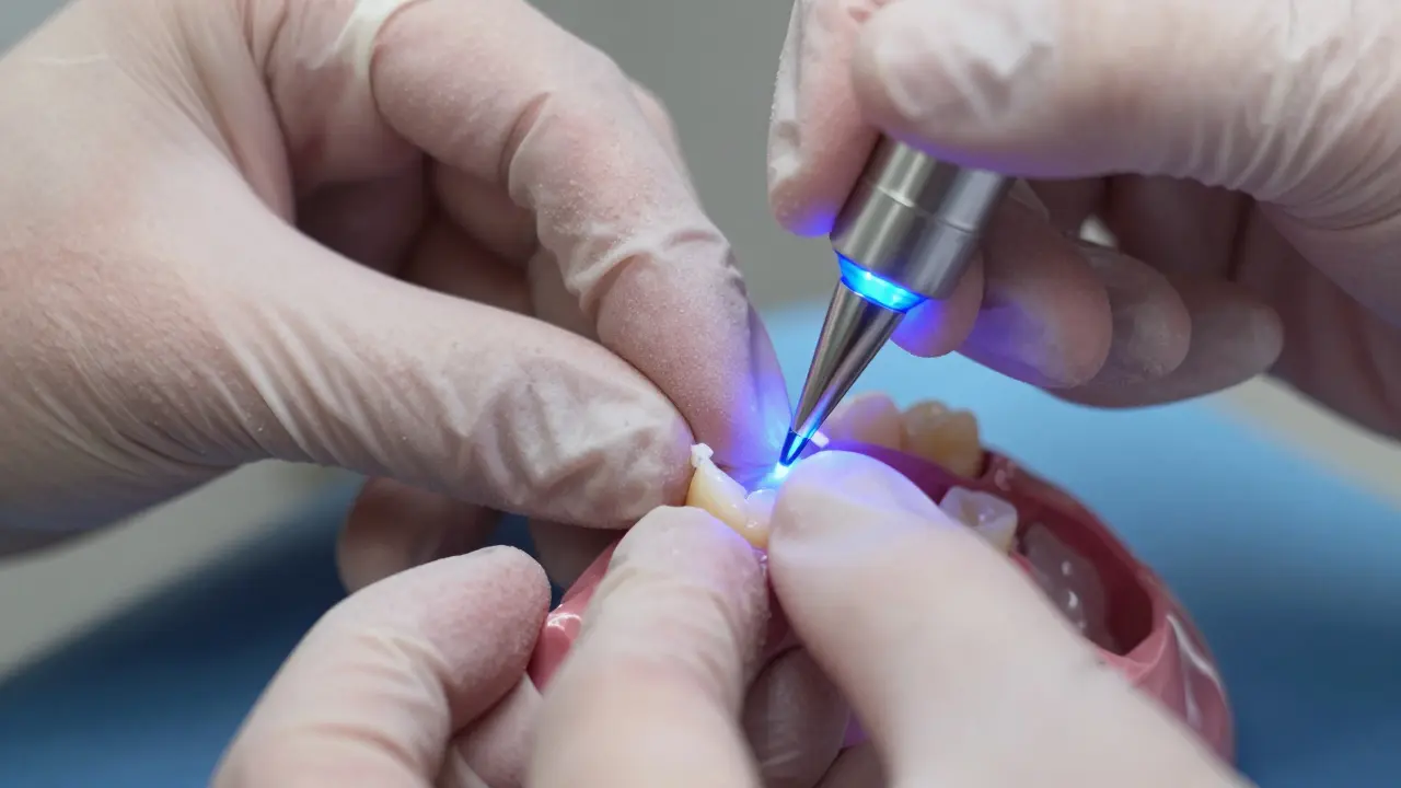 Detail procesu bondingu s aplikací kompozitu a modrým polymerizačním světlem.