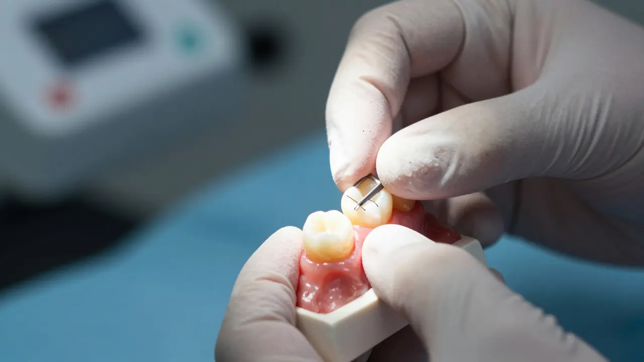 Detail zkoušky přisednutí keramické korunky na zub v ústní dutině.