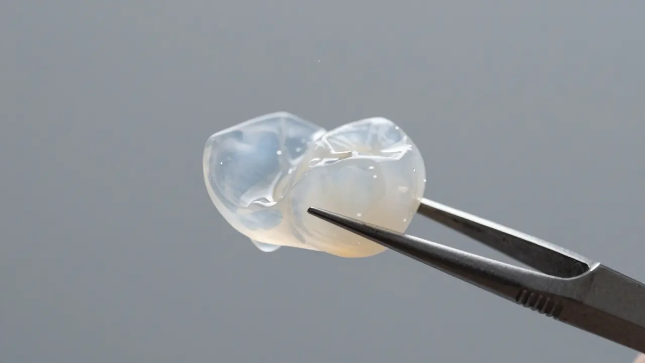 Detailní pohled na tenkou keramickou fasetu v zubní laboratoři.