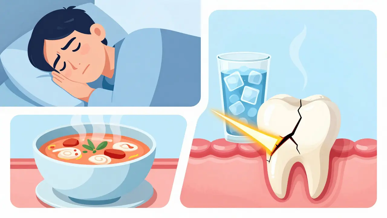 Ilustrace příčin prasklin zubů: bruxismus a teplotní šoky.