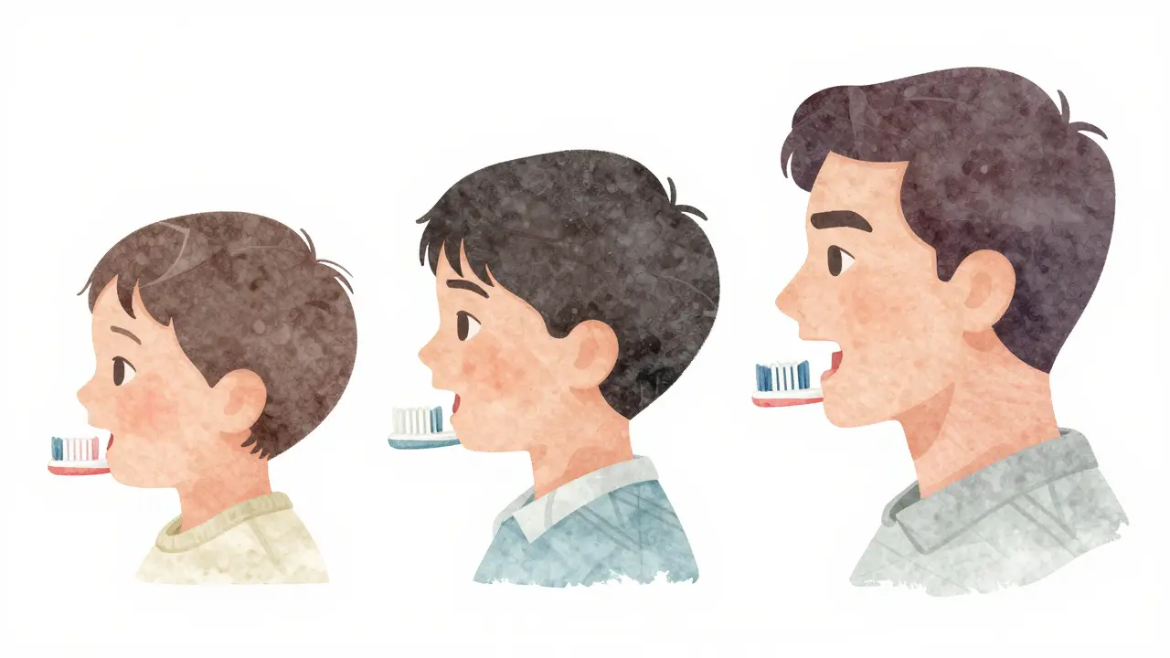 Ilustrace správné velikosti kartáče pro různé věkové skupiny